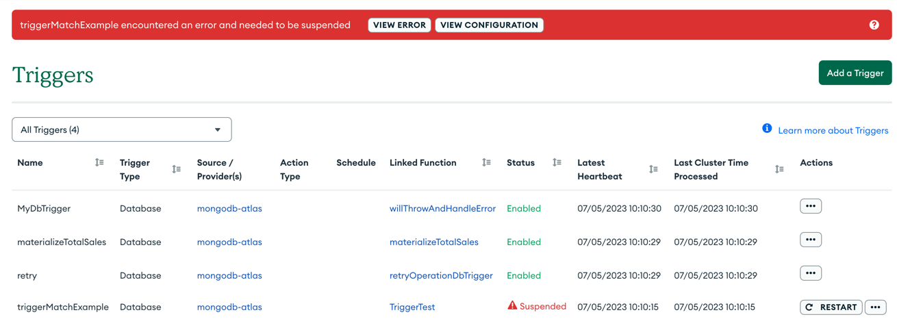 A list of Triggers in an App in the App Services UI